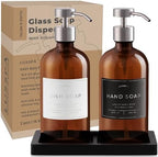 Glass Soap Dispenser Set of 2 (Amber) with Silicone Tray | Hand and Dish Soap Dispenser for Kitchen and Bathroom | 16.8 Oz Glass Bottles with Stainless Steel Pump & 15 Waterproof Labels (Amber/Silver) - Image 7