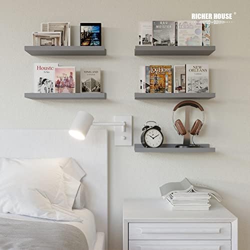 RICHER HOUSE 5-Set Floating Shelves with Lip, Grey Wall Mounted Wood Shelf - Image 2