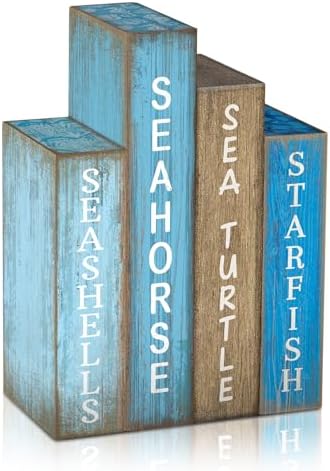 Lineshading 4 Pcs Summer Table Decoration Wooden Book Coastal Beach Sign by Lineshading