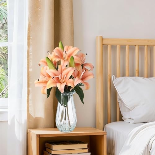 Garvee Faux Lily Flowers with Vase, 6 Heads Full Bloom Lily & 3 Buds, Long Stem Artificial Stargazer Lilies, Faux Tiger Bouquets in Glass Vase for Home Hotel Flower Arrangement Party Decor, Champagne - Image 6