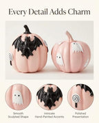 GoGnome Halloween Decorations Pumpkin Figurines Set of 2, Cute Resin Shelf Mantel Tiered Tray Decor with Bat and Ghost Designs (Pink Pumpkins) - Image 4