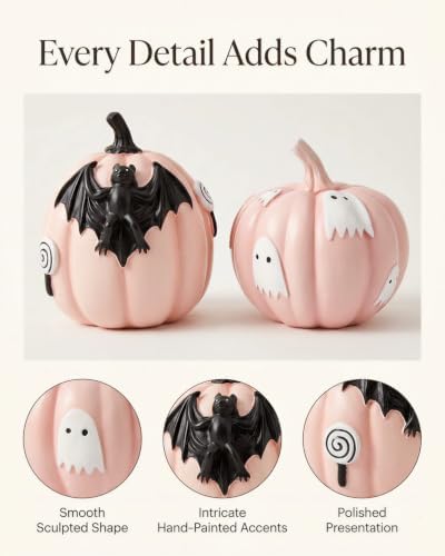 GoGnome Halloween Decorations Pumpkin Figurines Set of 2, Cute Resin Shelf Mantel Tiered Tray Decor with Bat and Ghost Designs (Pink Pumpkins) - Image 4