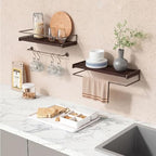 Forbena Dark Brown Kitchen Shelves Wall Mounted Set of 2, Walnut Brown Floating Kitchen Wall Shelves with Rail, Hanging Shelves for Kitchen Wall Coffee Bar (Wooden Pine Wood) - Image 2