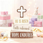 Easter Decorations - He Is Risen Cross Tiered Tray Decor - Faith Redeemed Religious Wooden Tabletop Sign - Farmhouse Easter Christian Home Decor Indoor - Spring Home Decor for Living Room, Kitchen Counter, Seasonal Farmhouse Display - Image 2