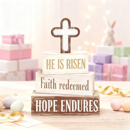 Easter Decorations - He Is Risen Cross Tiered Tray Decor - Faith Redeemed Religious Wooden Tabletop Sign - Farmhouse Easter Christian Home Decor Indoor - Spring Home Decor for Living Room, Kitchen Counter, Seasonal Farmhouse Display - Image 2