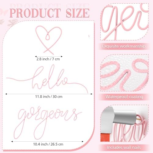 Hicarer Metal Hello Gorgeous Wall Art Minimalist Wall Decor, Light Pink - Image 2
