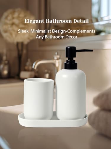 INGOFIN 3 Pcs Ceramic Bathroom Accessory Set - Liquid Soap Dispenser, Toothbrush Holder & Tray, Bathroom Counter Set, Countertop Essentials for Home, Guest Bathroom, or Office Use, White - Image 6