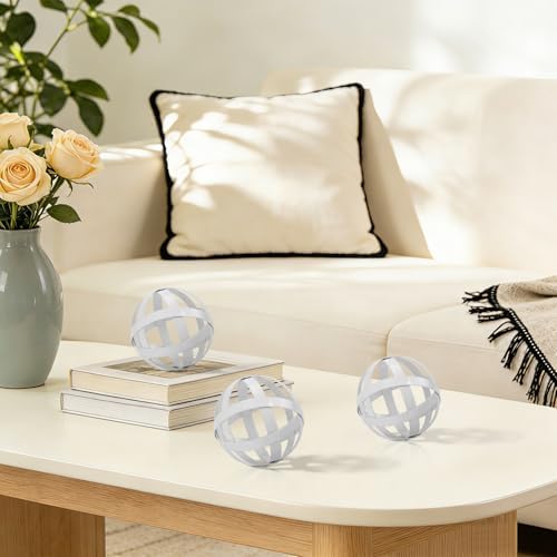 Kesywale 3.3 Inch Decorative Spheres Set of 3, Metal Band Decorative Balls Orbs Metal Spheres Home Decor Accents Dining Table Centerpieces for Living Room Bedroom Kitchen Office Coffee Table (White) - Image 3