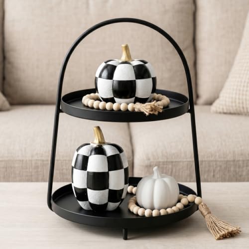 Black and White Checkered Pumpkins with Gold Stem for Halloween Decor - Image 4