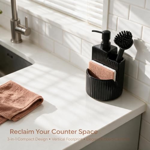 RQYIXI 3-in-1 Ceramic Round Soap Dispenser with Sponge Holder,Black,18 Oz - Image 5