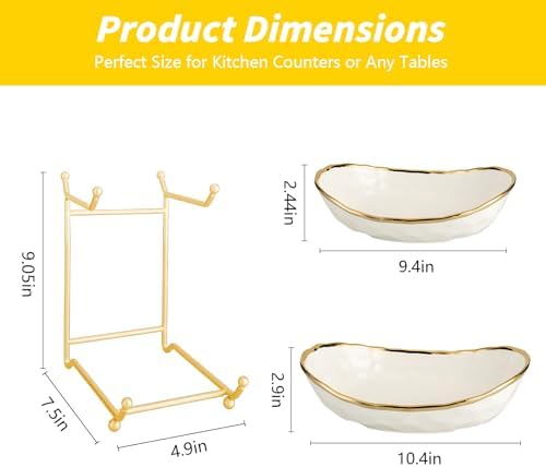 jessie 2 Tier Ceramic Fruit Bowl for Kitchen Counter with Metal Rack, Fruit Basket with Stand, Porcelain Bowls for Vegetable Bread Candy Snack Nuts Dessert Cake Tray (Gold 2 layer) - Image 2