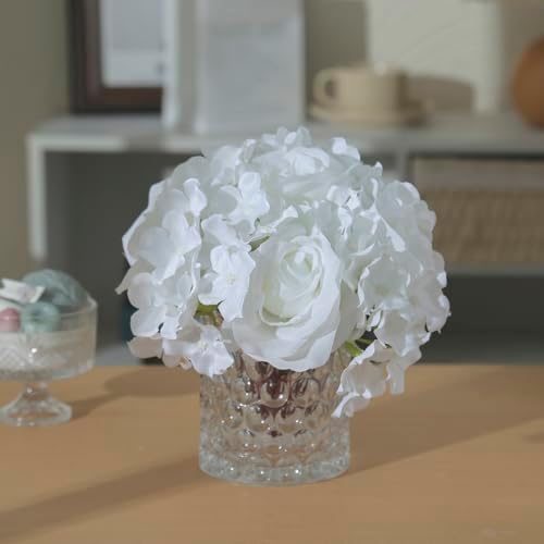 Rose Silk Flower Arrangement Artificial Vivid Rose in Glass Vase with LED Light Elegant Centerpiece for Home Wedding Bathroom Table Shelf Decoration (Pure White) - Image 5