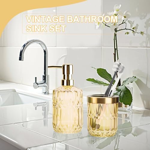 RRM Glass Bathroom Toothbrush Holder and Soap Dispenser Set,Clear Gold - Image 2
