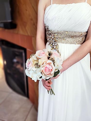 Admired by Nature Artificial Rose Hydrangea Flowers Bouquet, 9 Stems Faux Wedding Bouquet for Bride Bridesmaid, Centerpieces Floral Arrangement Home Decoration GPB8359-CM/PK Cream/Pink by AdmiredbyNature