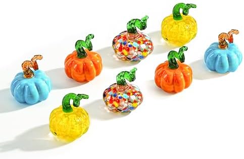 8 Pcs Colorful Blown Glass Pumpkin Figurines Halloween Thanksgiving Decor by HDHYALINEDORA