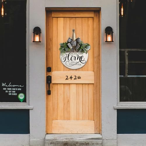 Welcome Sign for Front Door, Rustic Round Wood Wreaths Wall Hanging Outdoor Decor, Porch Fence Decorations Hanging Gift for Home Outdoor for Spring Summer Fall All Seasons Holiday, Bless This Home - Image 2