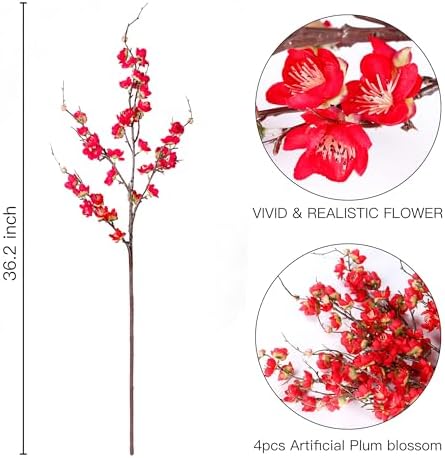 Sggvecsy Artificial Plum Blossom Flowers 4 Pcs Faux Cherry Blossom Stems Faux Silk Plum Blossom Branches 36.2’’ Fake Flowers Long Stems for Vase Arrangements Home Wedding Table Decor (Red) - Image 7