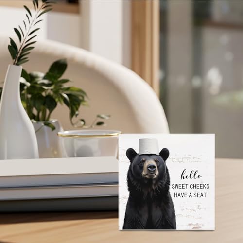 Funny Bear Bathroom Decor - Hello Sweet Cheeks Bear Bathroom Decor, Rustic Farmhouse Wooden Sign, 5 X 5 Inches - Image 3