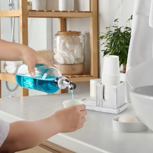 Glass Mouthwash Dispenser for Bathroom, 16 OZ Mouthwash Dispenser with Pour Spout and White Washed Wood Cup Holder and Tray, Mouth Wash Bottle Container, Rustic Kitchen Bathroom Decor and Accessories - Image 6