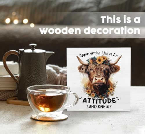 Highland Cow Sign, Farm Cottagecore Animal Office Kitchen Bedroom Decor, Apparently I Have an Attitude Who Knew Wooden Box Signs, Apparently Highland Cow Gifts for Women Men 8x8 in Decorative Signs & Plaques - Image 2