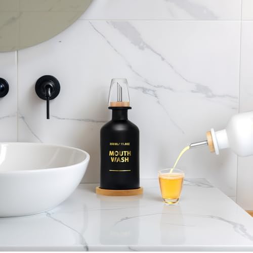 Mouthwash Dispenser for Bathroom 11.8oz – Glass Mouthwash Bottle with Cup & Bamboo Tray, Gold Hot-Stamped Lettering, Silicone Base, Modern Bathroom Accessory (Black & White, 11.8oz, 2pack) - Image 2