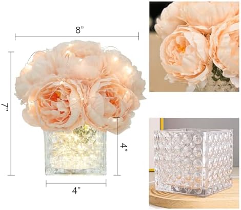 Artificial Peony Silk Flower Centerpieces with LED Light Faux Floral Arrangement in Glass Vase for Home Wedding Table Decoration (Blush Peach) - Image 2