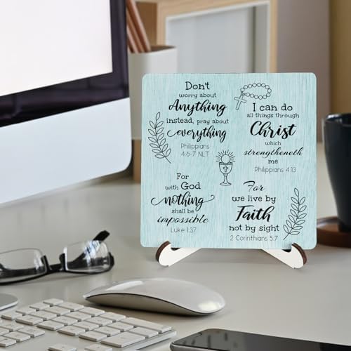 Blue Christian Wooden Sign Desk Decor, Inspirational Bible Verse Religious Wood Plaque Sign With Stand for Church Prayer Room Home Office Desk Table Shelf Decoration, 5x5 Inch - Image 2