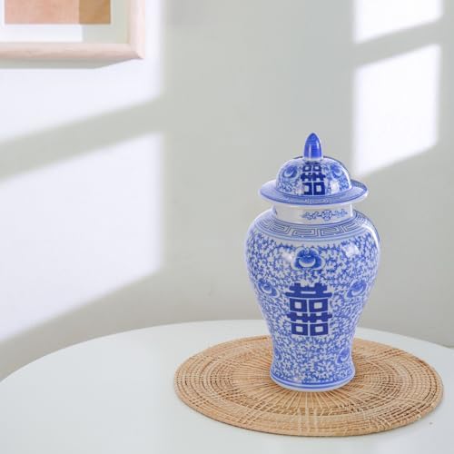 11″ Blue & White Ginger Jar with Lid Chinoiserie Double Happiness - Image 4