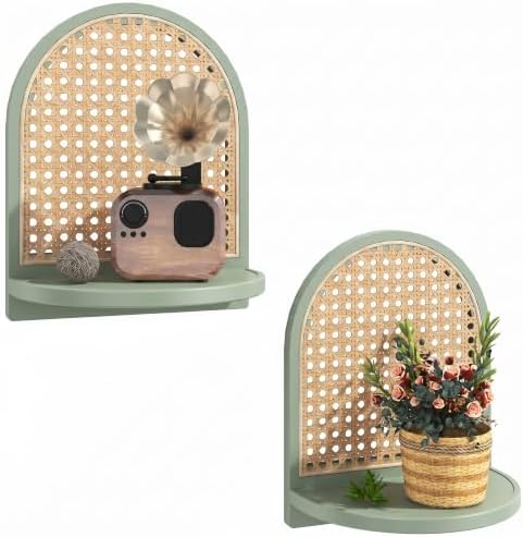 Rattan Shelf Set of 2, 7'' Rattan Shelf with Wicker Decor, Boho Wall Decor Small Floating Shelf for Plant Figurines Display, Mini Shelves for Knick Knack Storage, Green by MVPSONAG
