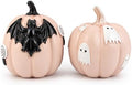 GoGnome Halloween Decorations Pumpkin Figurines Set of 2, Cute Resin Shelf Mantel Tiered Tray Decor with Bat and Ghost Designs (Pink Pumpkins) by GoGnome