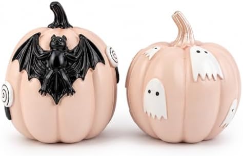 GoGnome Halloween Decorations Pumpkin Figurines Set of 2, Cute Resin Shelf Mantel Tiered Tray Decor with Bat and Ghost Designs (Pink Pumpkins) by GoGnome