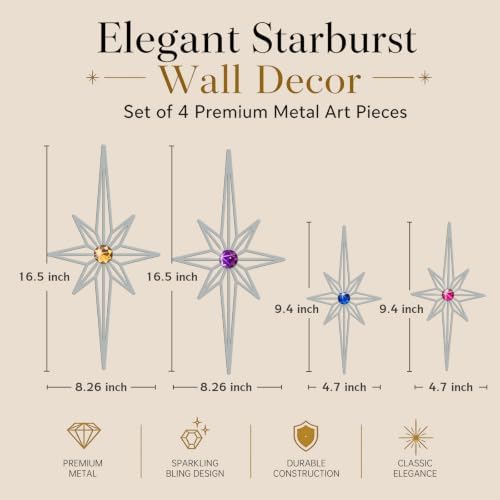 sxnzequnze 4 Pcs Star Wall Art for Home Decor Living Room Bedroom Office Metal 3D,Bling,with Hanging Hook Starburst Midcentury Sculpture Retro Gallery Accent Celestial -Silver 16.5in/9.4in - Image 3