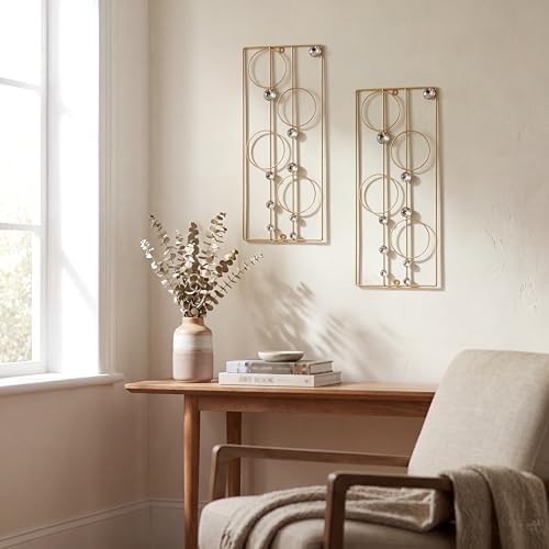 ZEXUIRU 2 Pcs. Abstract Metal Art for Wall Decor Living Room Bedroom Bathroom Office Metal Bling Modern Geometric Hanging Vertical Small Iron Sculpture Plaque Pack -Gold 24in - Image 2