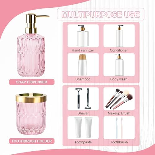 RRM Glass Bathroom Toothbrush Holder and Soap Dispenser Set, Pink - Image 3