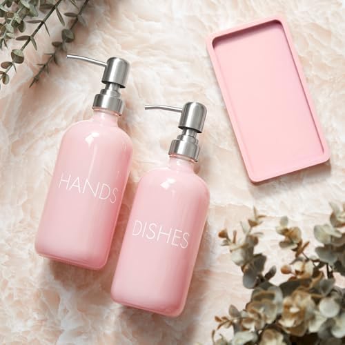 Pink Glass Dish and Hand Soap Dispenser Set - Kitchen Soap Dispenser with Tray and Stainless Steel Pump - for Modern Pink Kitchen Decor and Accessories - Image 6