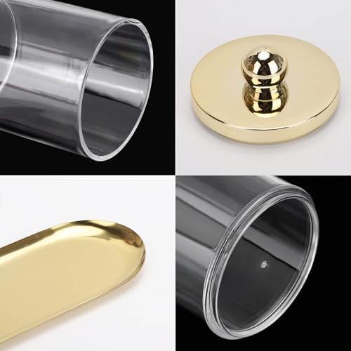 Tbestmax 2 Pack Qtip Holder with Gold Tray, 10oz Plastic Canister Apothecary Jar for Cotton Swabs, Balls, Pads, Floss Picks - Clear Bathroom Essentials Accessories Decor - Image 4