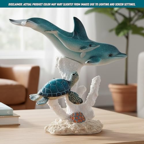 Ocean Life Figurine Dolphin Family with Sea Turtle 7 Inches High Coral Reef Decor Coastal Sea Life Nautical Room Accents - Image 2