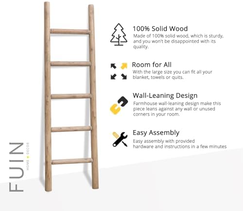 FUIN Blanket Ladder, 57in Rustic Solid Wood Decorative Ladder, Brown - Image 7