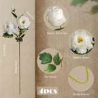 Artificial Peony Flowers, White,4PCS, 31.5'' Long Stem - Image 2