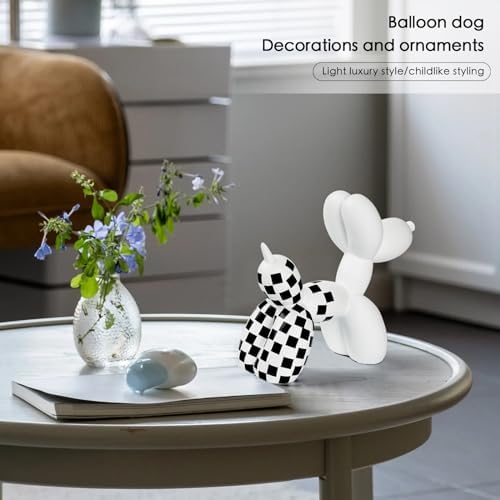 Notakia Black and White Checkered Racing Car Pattern Balloon Dog Statue Crafts Living Room Desktop Decorations,Handmade Modern Small Shelf Decor Animal Statue Ornament Home Decor (Big White Dog) - Image 4
