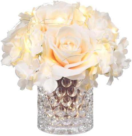 Rose Silk Flower Arrangement Artificial Vivid Rose in Glass Vase with LED Light Elegant Centerpiece for Home Wedding Bathroom Table Shelf Decoration (Champagne) by GreenHouzz