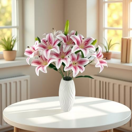12 Artificial Lily Flowers with 9 Heads Full Bloom Lily & 3 Buds, Long Stem Artificial Stargazer Lilies, Faux Tiger Bouquets for Home Hotel Office Party Decor Table Centerpieces（Light Pink） - Image 6