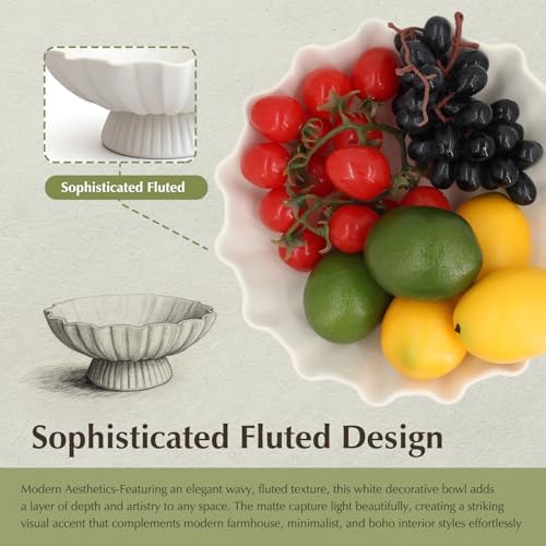 White Pedestal Fruit Bowl for Kitchen Counter, 9-Inch Ceramic Centerpiece Bowl with Fluted Texture, Modern Farmhouse Coffee Table Decor for Dining Table,Entryway Key Bowl, HouseWarming Gift - Image 5