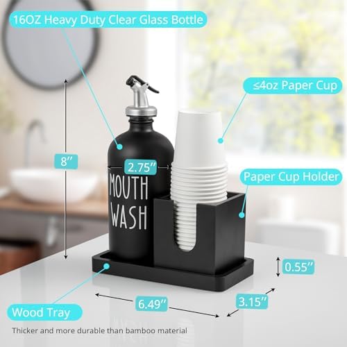Glass Mouthwash Dispenser for Bathroom, 16 OZ Mouthwash Dispenser with Pour Spout and Wood Cup Holder and Tray, Mouth Wash Bottle Container, Black Kitchen Bathroom Decor and Accessories - Image 3