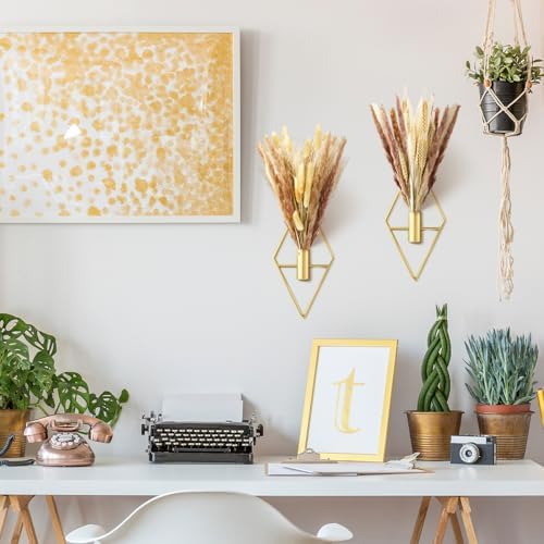 Peryiter 2 Pcs Boho Pampas Wall Art Decor Hanging Metal Wall Art, Gold - Image 5