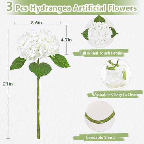 3 Pcs Real Touch Hydrangea Artificial Flowers, 21" Fake Flowers, White - Image 6