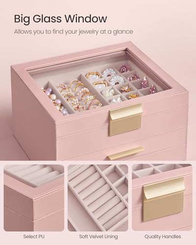 SONGMICS Jewelry Box Organizer, 3-Layer Storage with 2 Drawers, Glass Lid - Image 4