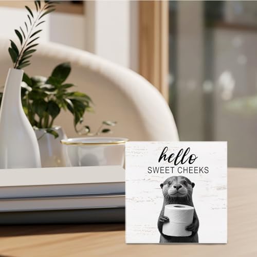 Funny Otter Bathroom Decor -Hello Sweet Cheeks Bathroom Decor, Otter Gifts Wooden Box Sign, Otter Gifts, 5 X 5 Inches - Image 3