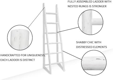 FUIN Blanket Ladder, 6ft Rustic Solid Wood Decorative Ladder, White - Image 3