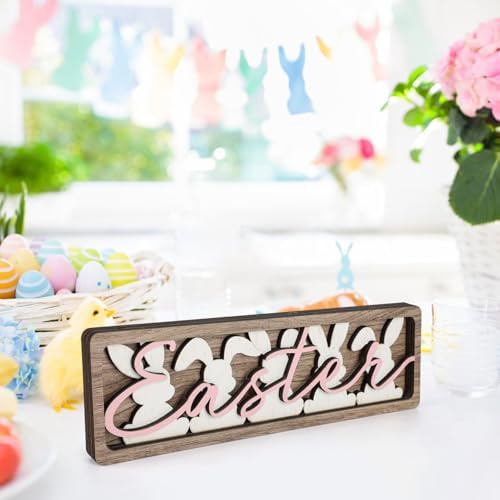 Vintage Happy Easter Decorations for Office, Home, Table, Mantel, Shelf, Desk, 3 1/2 x 11 Inch Retro Bunny Sign, Wooden Spring Bunnies Decor Sign, Farmhouse Pink Decoration (Vintage Bunnies) - Image 7